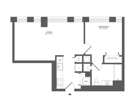 Floor plan for 1 bed, 1 bath, 644 sqft